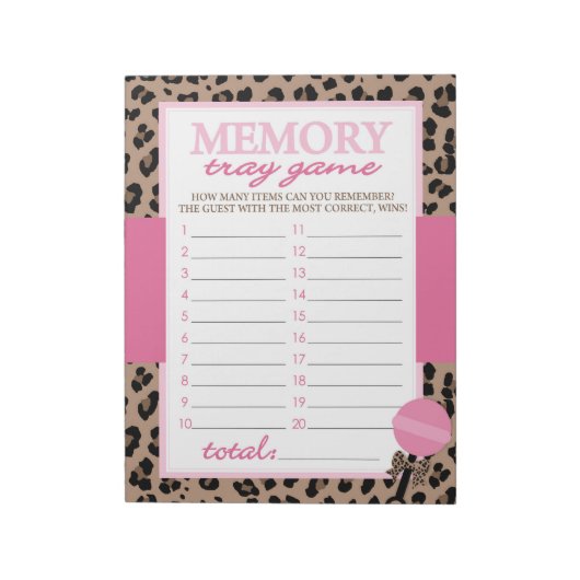 Memory Tray Leopard und Pink Baby Shower Game Pack Notizblock (Rotiert)