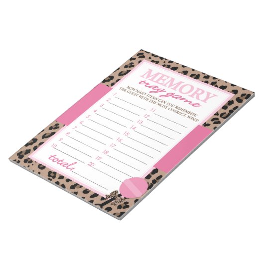 Memory Tray Leopard und Pink Baby Shower Game Pack Notizblock (angewinkelt)