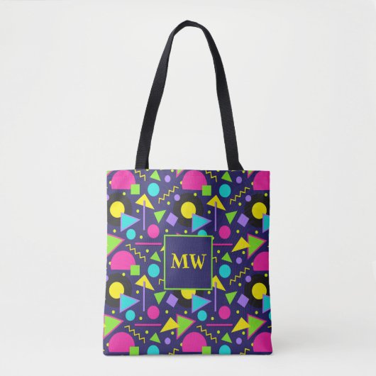 Memphis Blue Geometric Shapes 80er Monogram Tasche (Vorderseite)