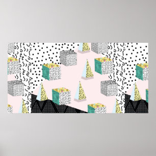 Memphis-Muster mit geometrischer, raster, gestreif Poster
