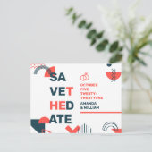 Memphis Style Abstrakt Blue & Red Wedding Rettete  Ankündigungspostkarte (Stehend Vorderseite)