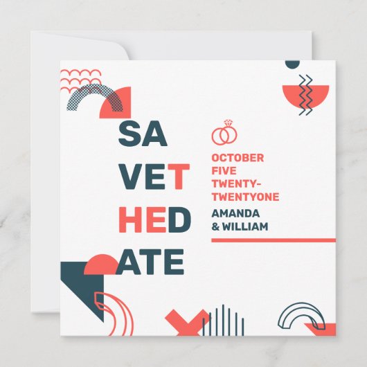 Memphis Style Abstrakt Blue & Red Wedding Save The Date (Vorderseite)