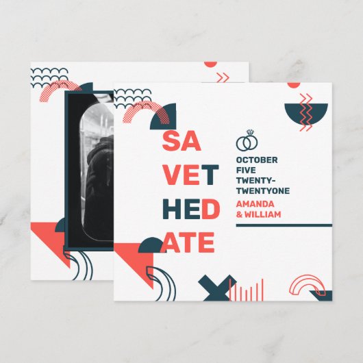 Memphis Style Abstrakt Red & Blue Wedding Save The Date (Vorne/Hinten)