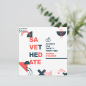 Memphis Style Abstrakt Red & Blue Wedding Save The Date (Stehend Vorderseite)