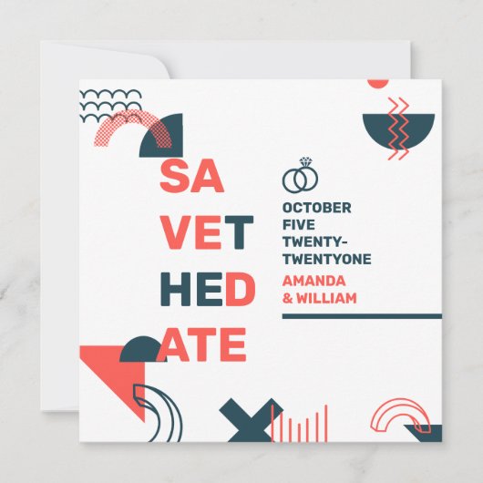 Memphis Style Abstrakt Red & Blue Wedding Save The Date (Vorderseite)