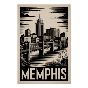 Memphis Tennessee Skyline Schwarz Weiß Holzschnitt Poster