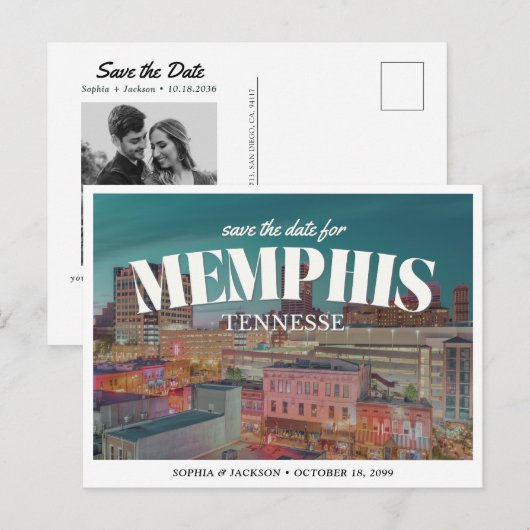 Memphis Wedding Save the Date Retro Skyline Postkarte (Vorne/Hinten)