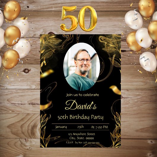 Men Black Gold Leaf 50. Geburtstag Einladung