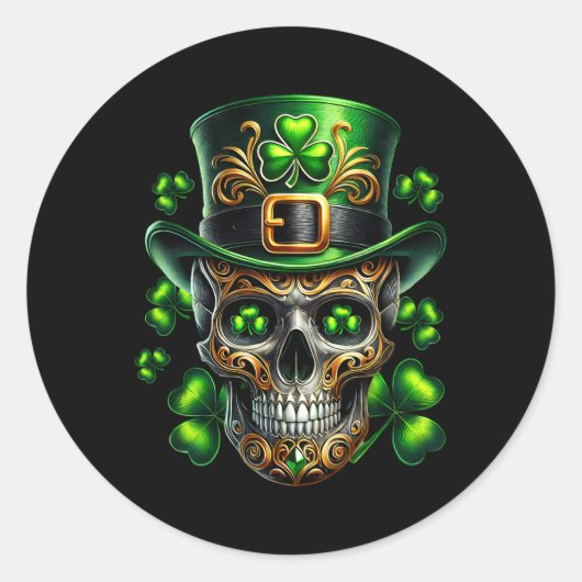 Men Irish Skull Kleeblatt Leprechaun Ireland St Pa Runder Aufkleber (Vorderseite)