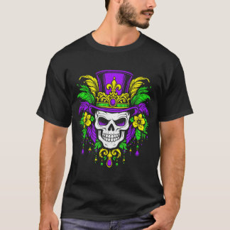 Men Mardi Gras Skull Carnival Festival Jester Bead T-Shirt