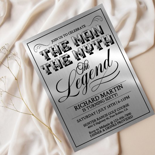 Men’s Milestone Birthday Party, Silver Metal Look, Einladung