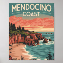 Mendocino Küste, Kalifornien Retro Wasserfarbe