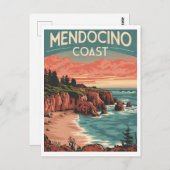 Mendocino Küste, Kalifornien Retro Wasserfarbe Postkarte (Vorne/Hinten)