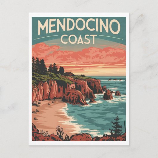 Mendocino Küste, Kalifornien Retro Wasserfarbe Postkarte (Vorderseite)
