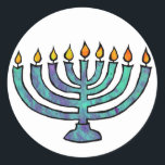 Menorah-Aufkleber Runder Aufkleber<br><div class="desc">Blaue Menorah mit Kerzen.</div>