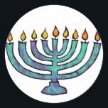 Menorah-Aufkleber Runder Aufkleber<br><div class="desc">Blaue Menorah mit Kerzen.</div>