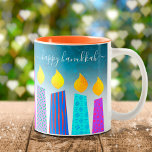 Menorah Candles Happy Hanukkah Script on Turquoise Zweifarbige Tasse<br><div class="desc">“Happy Hanukkah.” Here’s an easy way to get in the holiday mood each morning. Add extra sparkle to your day whenever you relax with your favorite beverage in this colorful, custom Hanukkah coffee mug. A playful, artsy illustration of blue menorah candles with colorful faux foil patterns and modern typography overlay...</div>