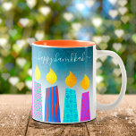 Menorah Candles Happy Hanukkah Script on Turquoise Zweifarbige Tasse<br><div class="desc">“Happy Hanukkah.” Here’s an easy way to get in the holiday mood each morning. Add extra sparkle to your day whenever you relax with your favorite beverage in this colorful, custom Hanukkah coffee mug. A playful, artsy illustration of blue menorah candles with colorful faux foil patterns and modern typography overlay...</div>