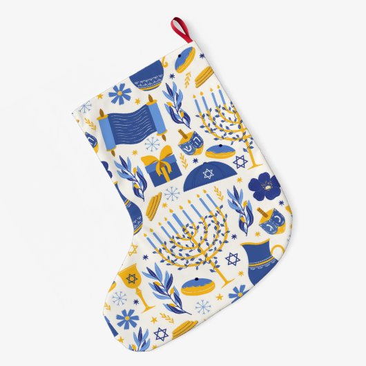 Menorah & Dreidel Blue Hanukkah Strumpf Großer Weihnachtsstrumpf (Rückseite (Hängend))