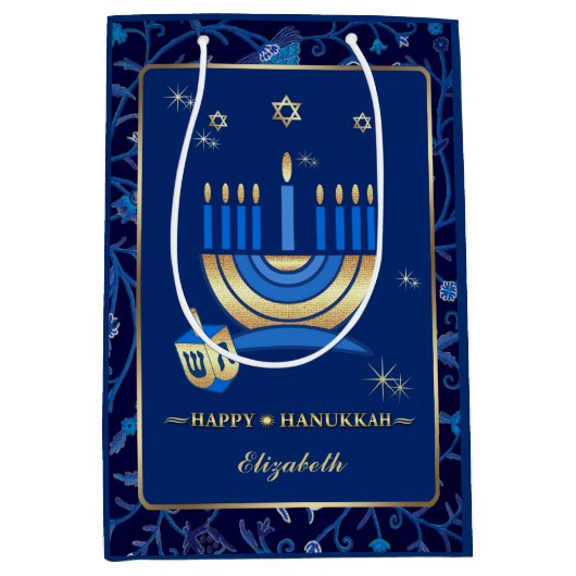Menorah & Dreidels | Individuelle Name Hanukkah Mittlere Geschenktüte (Vorderseite)