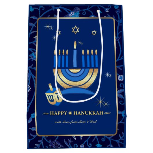Menorah & Dreidels | Individuelle Name Hanukkah Mittlere Geschenktüte (Rückseite)
