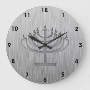 Menorah; Gebürsteter Metallblick Große Wanduhr