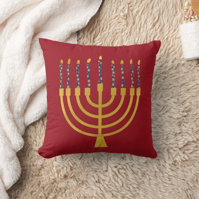 Menorah Hanukkah Blaue Kerzen Zeichnend Rot Kissen (Decke)
