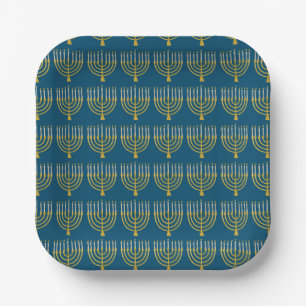 Menorah Hanukkah Candles Muster Blau Pappteller