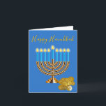 Menorah Hanukkah Feiertagskarte<br><div class="desc">Elegant Hanukkah greeting card done in blue,  with graphics of a lit up gold Menorah with blue candles and a pile of gelt coins. Personalize the greeting inside to read what you want.</div>