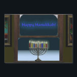 Menorah im Fenster Magnetkarte<br><div class="desc">Eine Darstellung einer traditionellen Chanukkah menorah in einem Fenster. Die Menorah spiegelt sich im Fenster wider,  es gibt Frost auf dem Glas und Schnee draußen.</div>