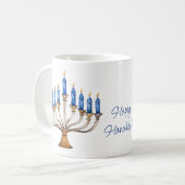 Menorah mit brennenden Kerzen Happy Hanukkah Kaffeetasse (Vorderseite Links)