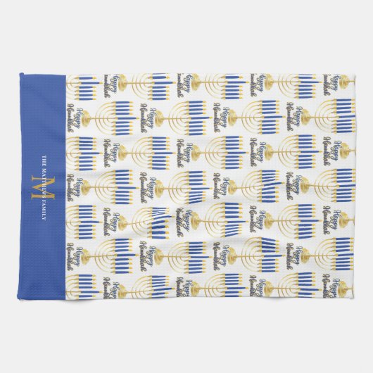 Menorah mit Lights Happy Hanukkah Monogram Geschirrtuch (Horizontal)