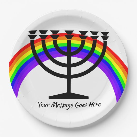 Menorah mit Regenbogen und Papierplatte Pappteller (Vorderseite)
