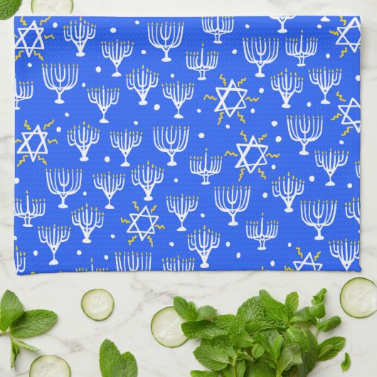 Menorah Star von David Hanukkah Pattern Blue White Geschirrtuch (Gefaltet)