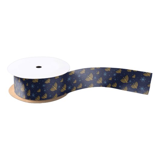 Menorah Star von David Pattern Navy Blue Hanukkah Satinband (Spule)