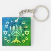 Menorah und Sterne Blau und Grün Schlüsselanhänger (Rückseite)