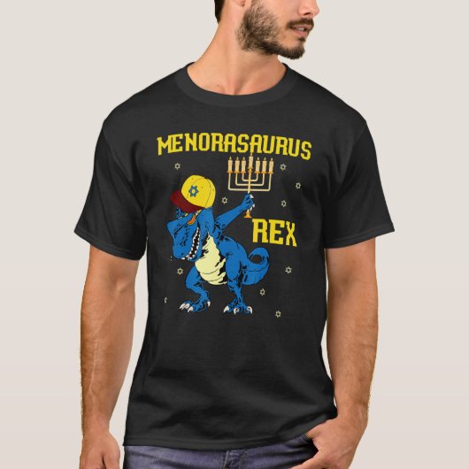 Menorasaurus Rex Dinosaur Rex Hanukkah Menora Pun T-Shirt (Vorderseite)
