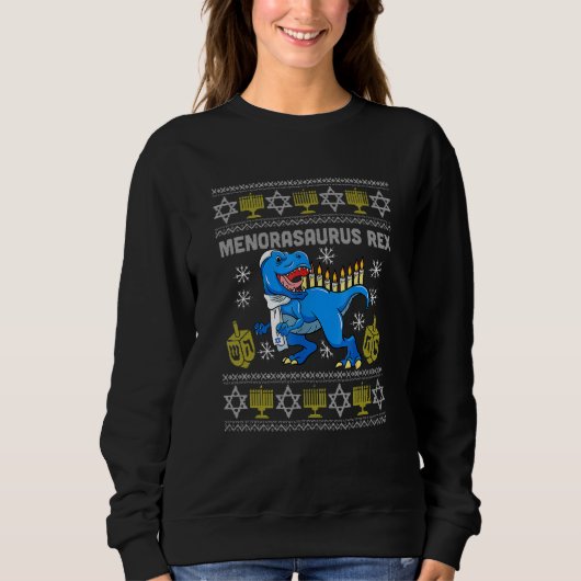 Menorasaurus Rex Trex Menorah Ugly Hanukkah Chanuk Sweatshirt (Vorderseite)
