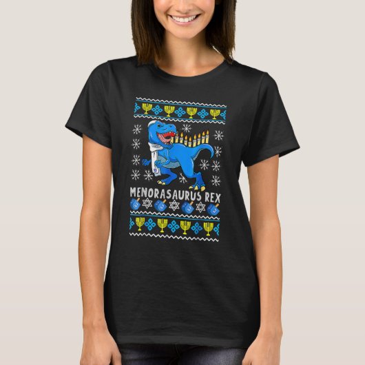 Menorasaurus Rex Trex Menorah Ugly Hanukkah Chanuk T-Shirt (Vorderseite)