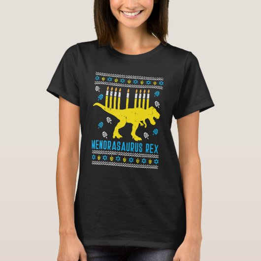 Menorasaurus Rex Trex Menorah Ugly Hanukkah T-Shirt (Vorderseite)