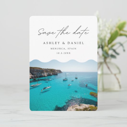 Menorca Spanien Hochzeit Retten Sie das Datum Einladung (Stehend Vorderseite)