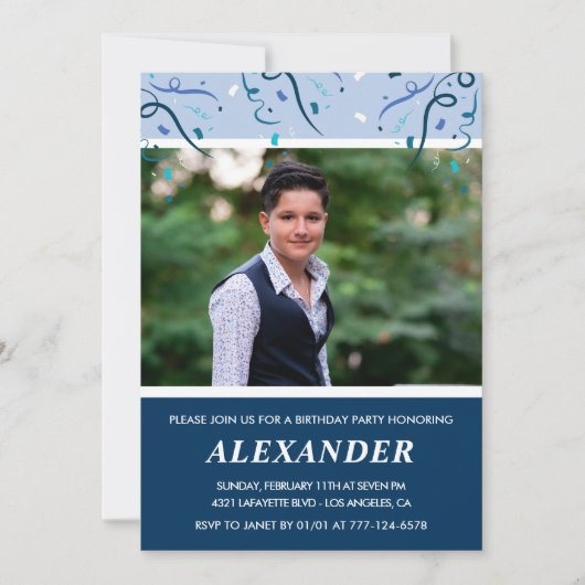 Mens 17. Geburtstag Einladungen Foto Navy Blue (Vorderseite)