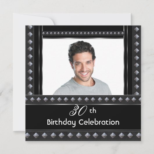Mens 30. Geburtstag Party Schwarz-weiß Silber Einladung (Vorderseite)