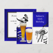 Mens 50. Geburtstag Blauer Karo Retro Girl Beer Einladung (Vorne/Hinten)