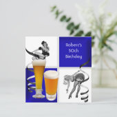 Mens 50. Geburtstag Blauer Karo Retro Girl Beer Einladung (Stehend Vorderseite)