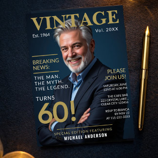 Mens 60. Geburtstag - Vintages Gold und Marine Einladung