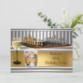 Mens 60. Geburtstagsparty Schach Set Metal Gold Einladung (Stehend Vorderseite)