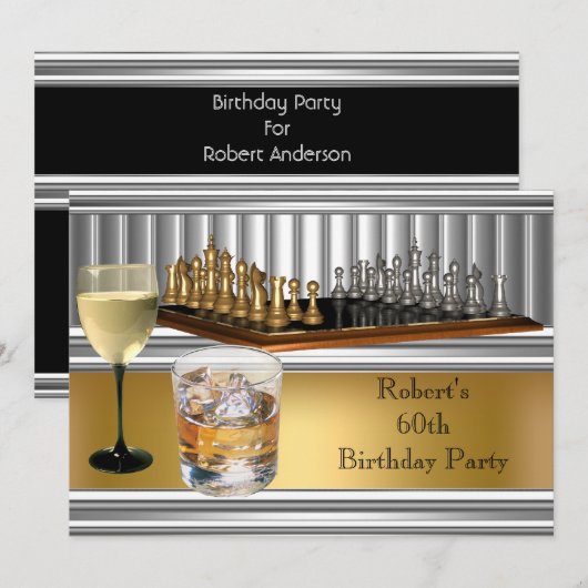 Mens 60. Geburtstagsparty Schach Set Metal Gold Einladung (Vorne/Hinten)