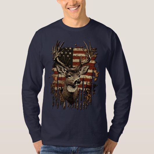 Men's American Flag Deer Hunting Tee, Long Sleeves T-Shirt (Vorderseite)
