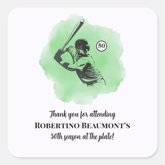 Men's Baseball Hitting 50th Birthday Quadratischer Aufkleber (Vorderseite)